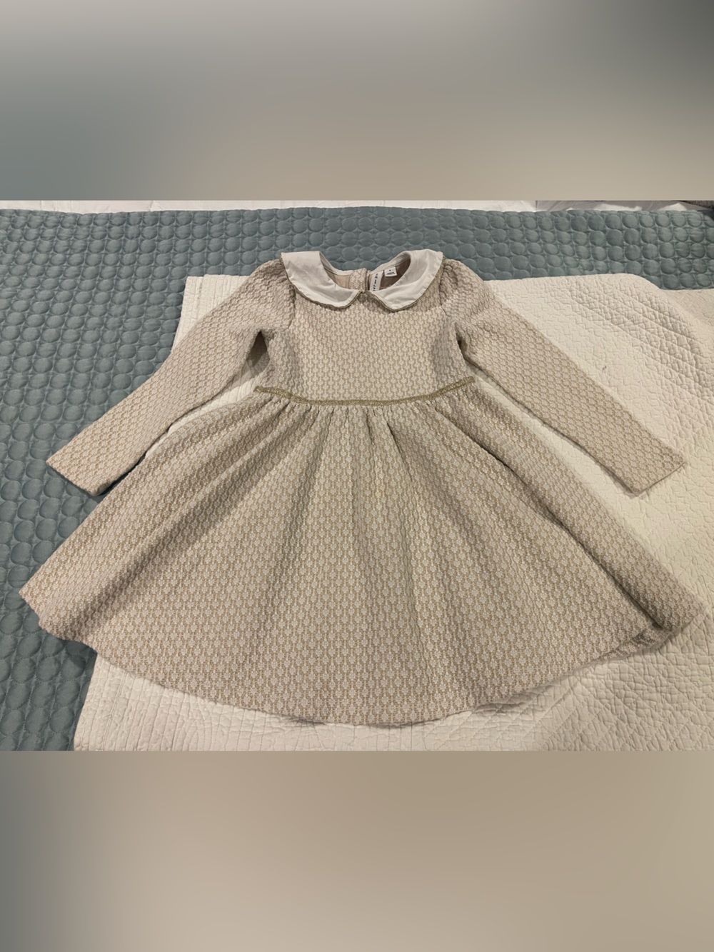 Janie & Jack Ivory Cream Gold Knit Dress Peter Pan Collar Holiday Christmas Sz 5